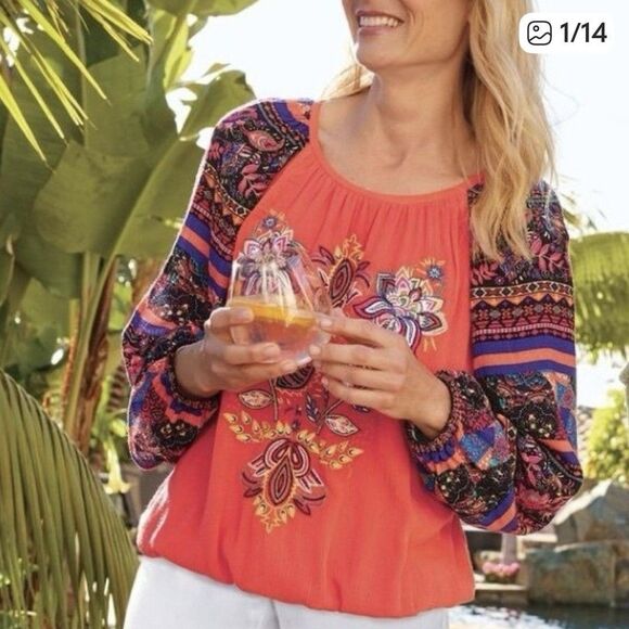 Soft Surroundings Blame Rio Embroidered Boho Top Womens 2X Coral Viscose - Picture 1 of 11